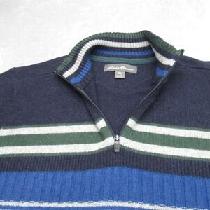 Eddie Bauer Sweater Tall Large Blue Striped 1/4 Zip Pullover Knit Wool‎ Blend